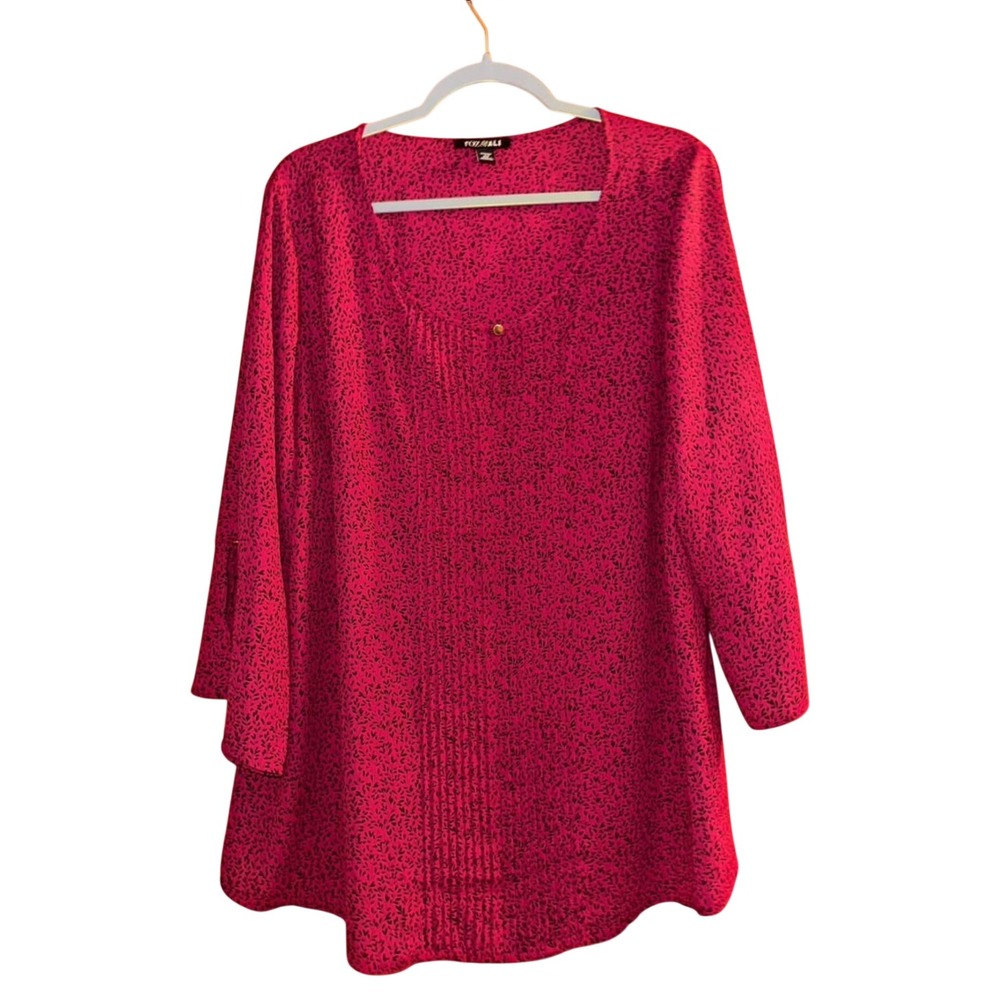 Roz & Ali Tunic Top 2X maroon Black Leaf Print Pintuck Tulip Sleeve Scoop Neck